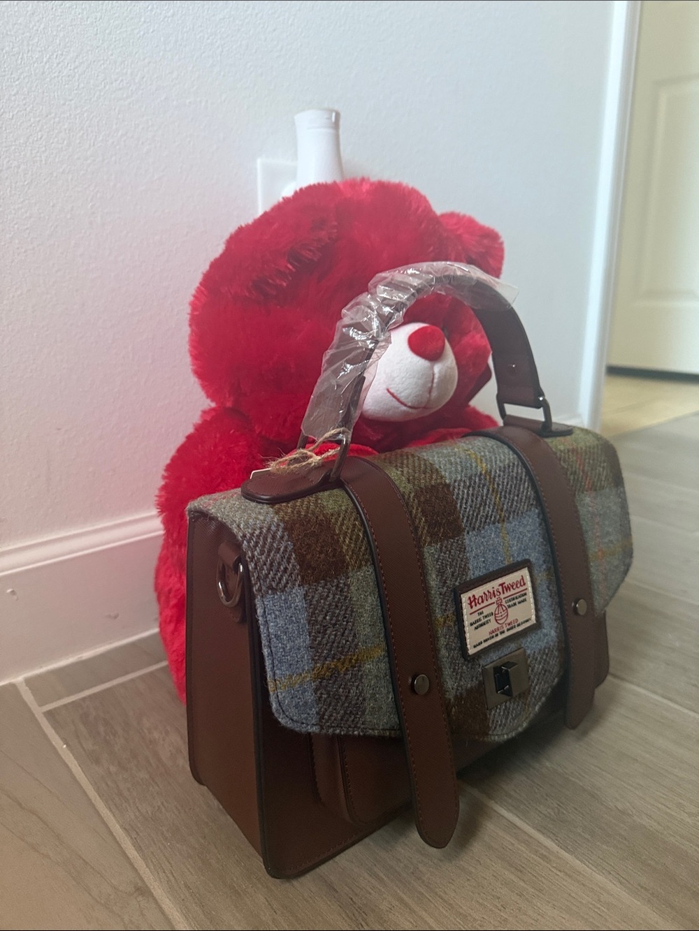 Brown Leather & Blue Plaid Satchel - Handbag - Picture 8 of 8